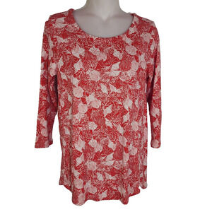 J. Jill Pima 3/4 Sleeve Scoop Neck Tee Size XS Red Seashell Print Pima Cotton
